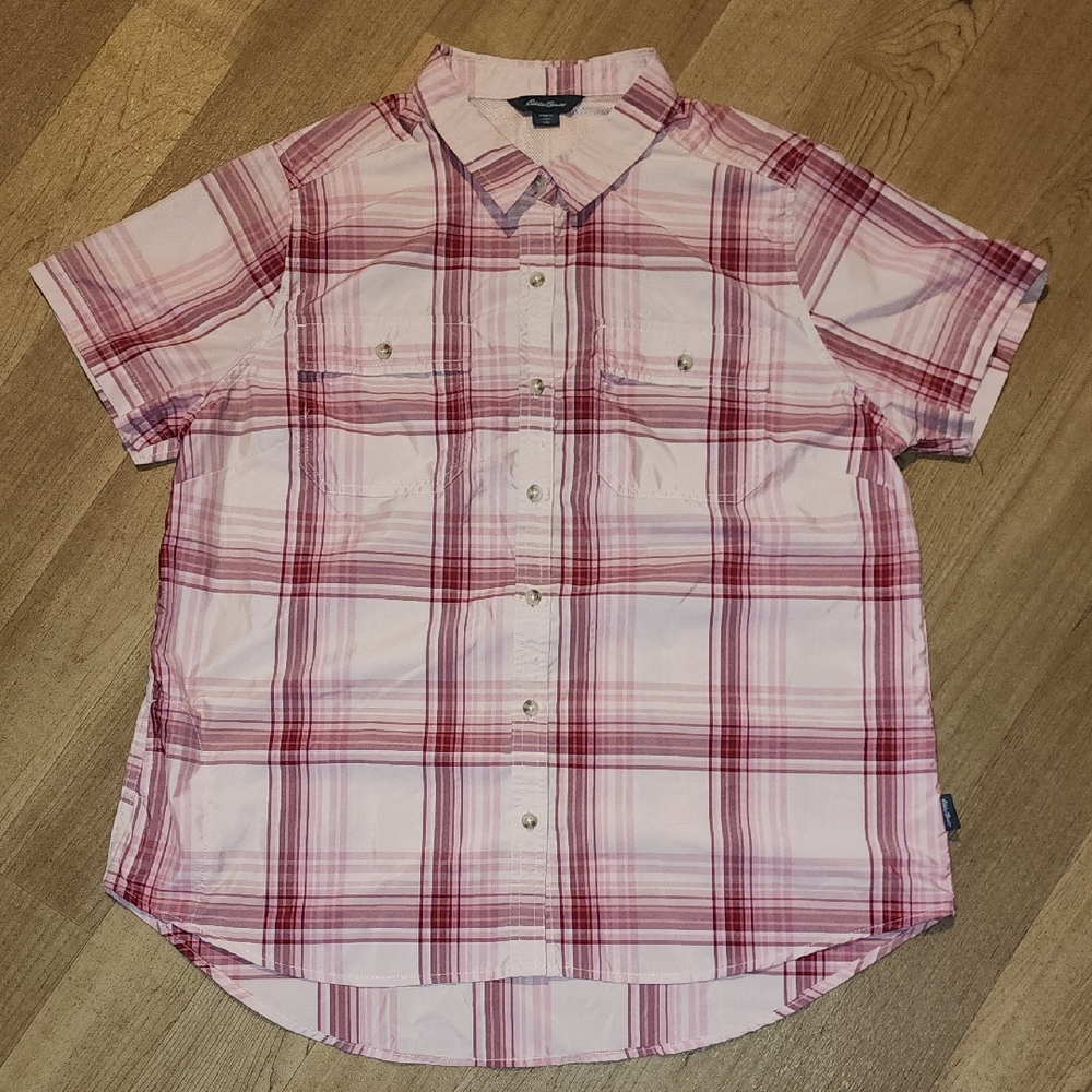 Eddie Bauer Pink Button Down Plaid Top